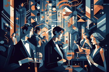 Night party, geometric art deco style, modern art
