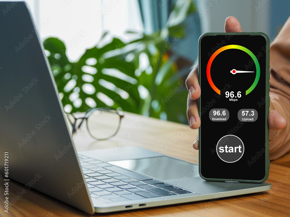 Poster network speed concept speed test via smartphone high-speed transmission and reception connection