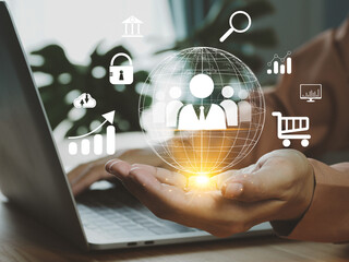 Global connection technology, team or leader connection. Through the internet network, marketing, finance, security from around the world