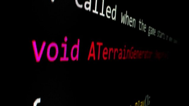 Closeup macro shot movement of coding script moving across LED screen with real-time AI-generated typing, showcasing advanced AI learning in optimization, debug and coding for software development.