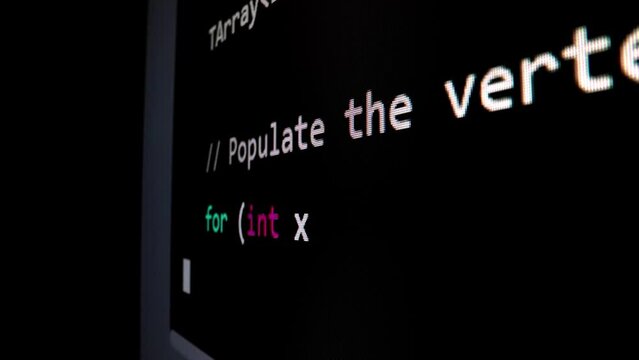 Closeup macro shot movement of coding script moving across LED screen with real-time AI-generated typing, showcasing advanced AI learning in optimization, debug and coding for software development.