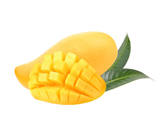 Mango, ripe yellow mango with leaves on transparent png