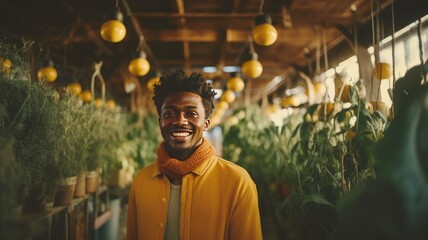 Obraz premium Portrait of a dark-skinned man who smiles and stands inside a greenhouse with flowers in a yellow jacket. AI generated. Generative AI