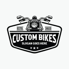 Custom Classic Motorbike Vintage Emblem Logo Design Vector Isolated in White Background. Best for Motorbike Garage and Mechanic Logo © bonky