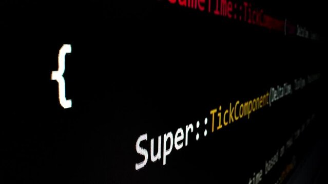 Closeup macro shot movement of coding script moving across LED screen with real-time AI-generated typing, showcasing advanced AI learning in optimization, debug and coding for software development.