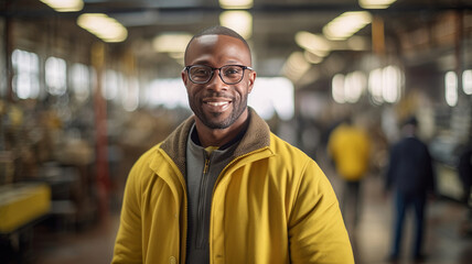 Fototapeta premium Portrait of a black man who smiles and stands inside an industrial, modern factory in a yellow sweater. Shot at a focal length of 85mm. AI generated. Generative AI