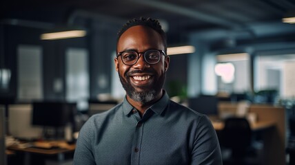 Portrait of a dark-skinned adult man who smiles and stands in the office. AI generated. Generative AI