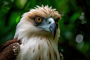 Fototapeta premium Philippine Eagle close up. a critically endangered bird and one of the largest Birds of Prey endemic to the Philippines; monkey eating eagle. IUCN Red List. High quality photo