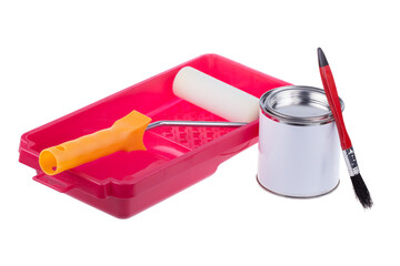 Red plastic paint tray, generic can with paint, paintbrush and white roller for painting walls,...