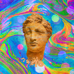 Psychedelic Goddess classical head in whirl of colors.  - 601721449