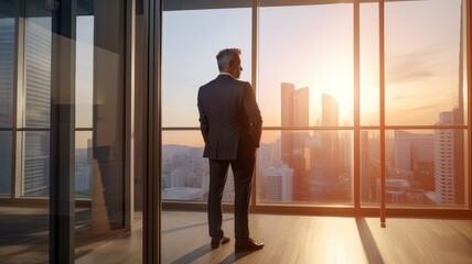 A middle-aged businessman in an office stands and looks out a large floor-to-ceiling window. AI generated. Generative AI