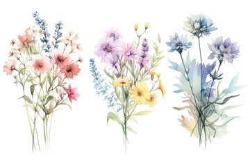 Fototapeta premium wildflower bundle isolated, watercolor,on completely white background, pastel colors, format 3:3, ai generative