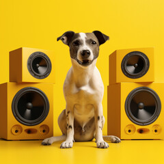 Dog next to music speakers. Generative AI.