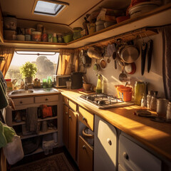 Kitchen in a campervan. Generative AI.