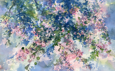 Obraz na płótnie Canvas Sakura branches flowering watercolor background. Spring illustration