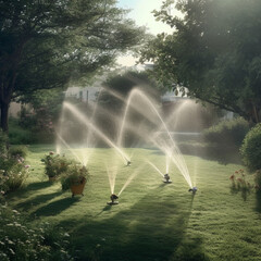 Sprinklers in a garden. Generative AI.
