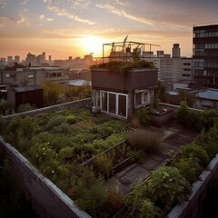 Urban garden on a roof of a building. Generative AI.