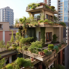 Fototapeta na wymiar Urban garden on a roof of a building. Generative AI.