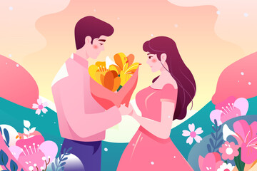 520, valentines day couple dating together, background with bouquet and plants, vector illustration
