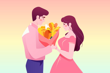 520, valentines day couple dating together, background with bouquet and plants, vector illustration
