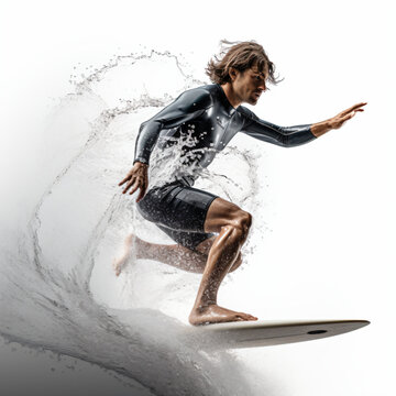 Man on a surfboard in waves on white background