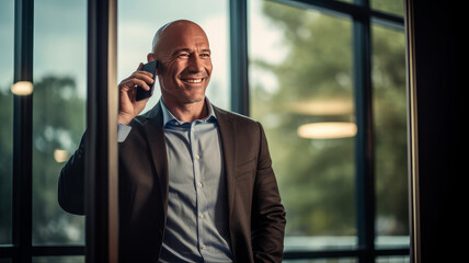 Fototapeta premium Happy middle aged businessman in office talking on mobile phone near window and smiling. AI generated. Generative AI