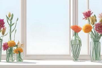 Vases of flowers in front of window. Generative AI