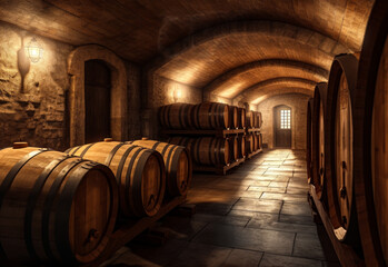 Fototapeta na wymiar Wooden beverage vintage kegs. Wine cellar with big barrels. generative ai.