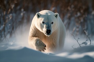 Obraz na płótnie Canvas polar bear running in winter forest. arctic wildlife. Danger animal in nature. IUCN Red List