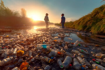 Children collecting plastic bottles and cans from a riverbank. Generative AI