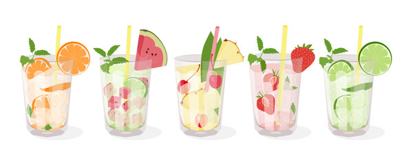 Set of summer cocktails. Cooling, non-alcoholic drinks with fruits and berries. Vector illustration isolated on white background.