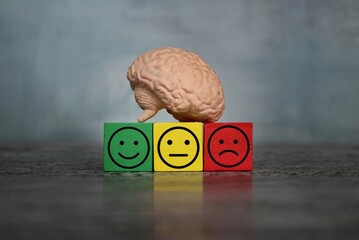 Brain and wooden cubes with happy, neutral and sad face. Mental health, wellness and healthy mind...
