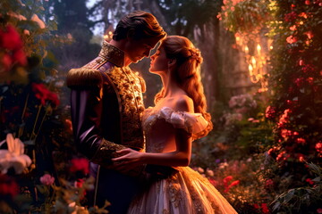 prince and a princess sharing a kiss in a magical garden. Generative AI - obrazy, fototapety, plakaty