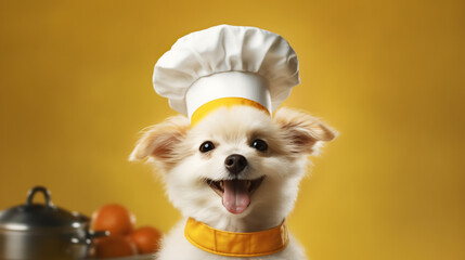 cute white puppy dog smiling wearing yellow cook uniform and yellow cook hat, Generative AI