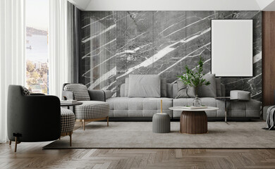 mock up poster frame in modern interior living room luxury sofa, armchair and cactus planter with gray marble wall. 3D rendering