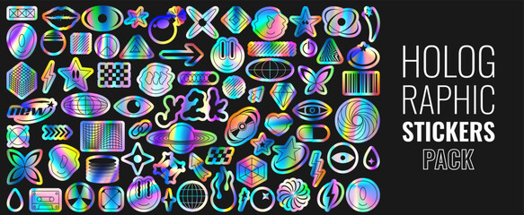 Set of holographic retro futuristic stickers. Vector illustration with iridescent foil adhesive film with symbols and objects in y2k style. Holographic futuristic labels. - obrazy, fototapety, plakaty