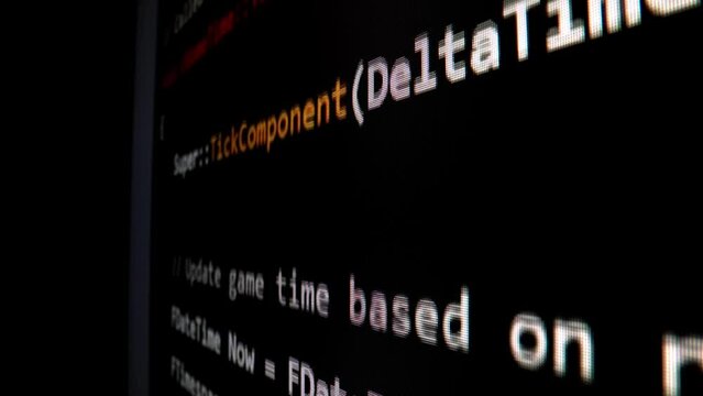 Closeup macro shot movement of coding script moving across LED screen with real-time AI-generated typing, showcasing advanced AI learning in optimization, debug and coding for software development.