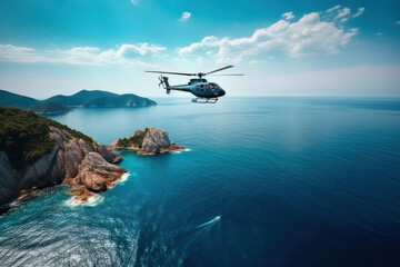 helicopter is flying over the beautiful sea or ocean. Rescue helicopter in search of people. Islands of tropical climate. beautiful view of the sea and clouds - obrazy, fototapety, plakaty