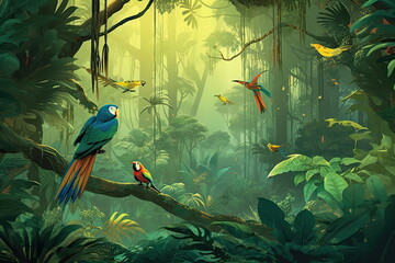 Tropical wallpaper with plants and birds background, forest