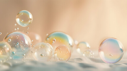 Fototapeta premium Soap bubbles on pastel beige background, copy space, AI generated