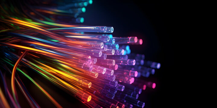 Colourful  electric cables and led, optical fiber, background for technology image and new business trends on dark background. AI generated