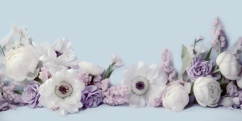 Obraz na płótnie Canvas Spring, Easter elegant floral concept. Pastel lilac, mint and white spring flowers on blue background. AI generated
