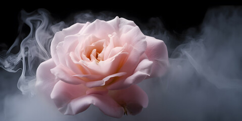 Gentle pink rose with smock around, on dark background, AI generated