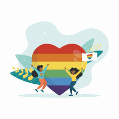 People rejoice on the background of the heart and waving the rainbow flag, pride month, LGBT community, human rights. Vector graphics flat style.
