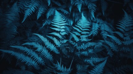 Beautiful dark turquoise nature background. Fern leaves. Toned blue frond background for design. Generative AI.