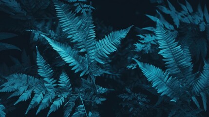 Fototapeta na wymiar Beautiful dark turquoise nature background. Fern leaves. Toned blue frond background for design. Generative AI.