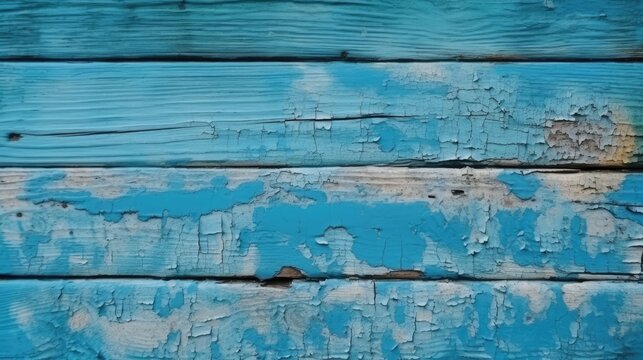 Blue grunge background. Blue texture of an old wooden wall. Cracks and peeling paint background. Weathered painted boards. Vintage wood background. Generative AI.