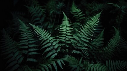 Naklejka na ściany i meble Dark green nature background. Fern leaves. Black green background for design. Generative AI.