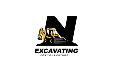 N logo excavator backhoe for construction company. Heavy equipment template vector illustration for your brand.