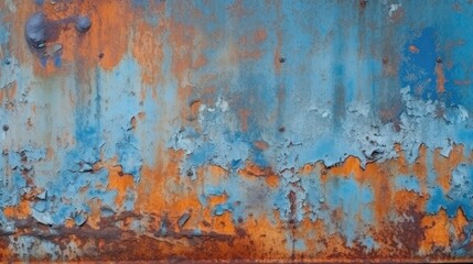 Fototapeta premium Rusty metal plate background. Orange blue abstract grunge texture background. Old rusty painted wall surface. Generative AI.